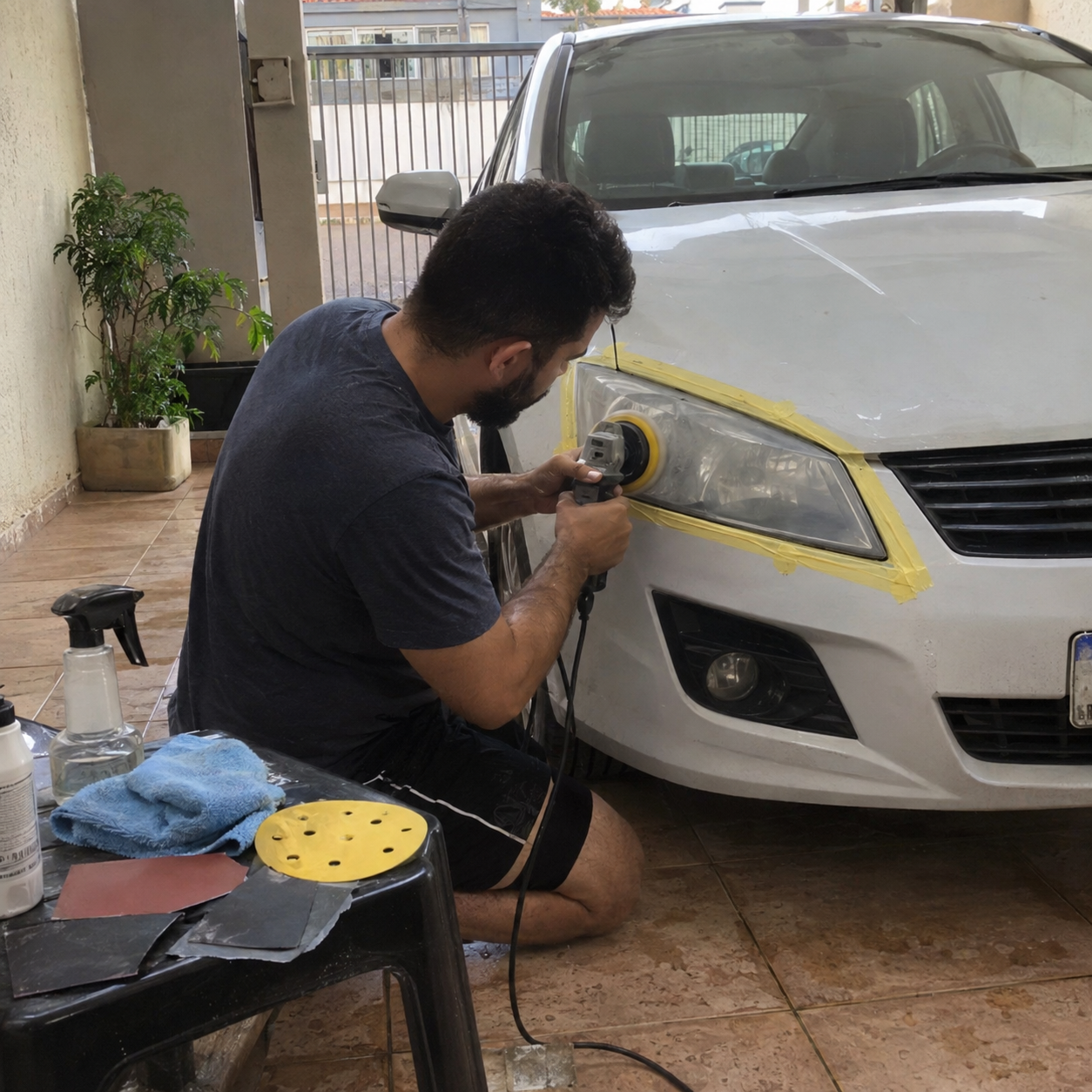 Cena ilustrativa de polimento de um farol em uma garagem